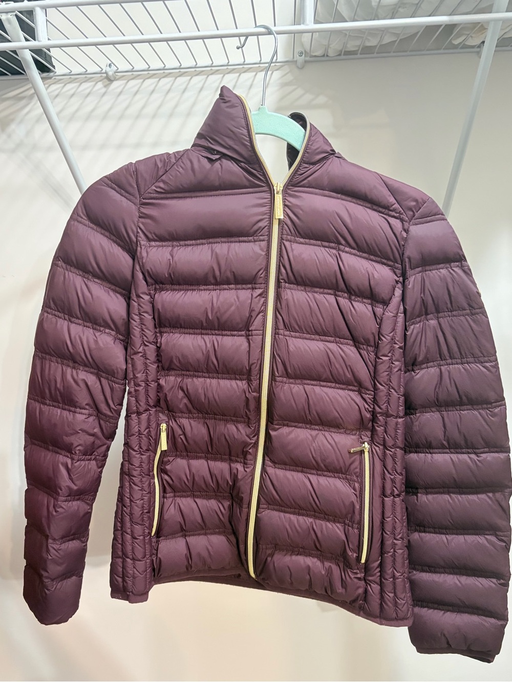 Michael Kors Quilted Puffer Jacket in Plum with Gold Zippers